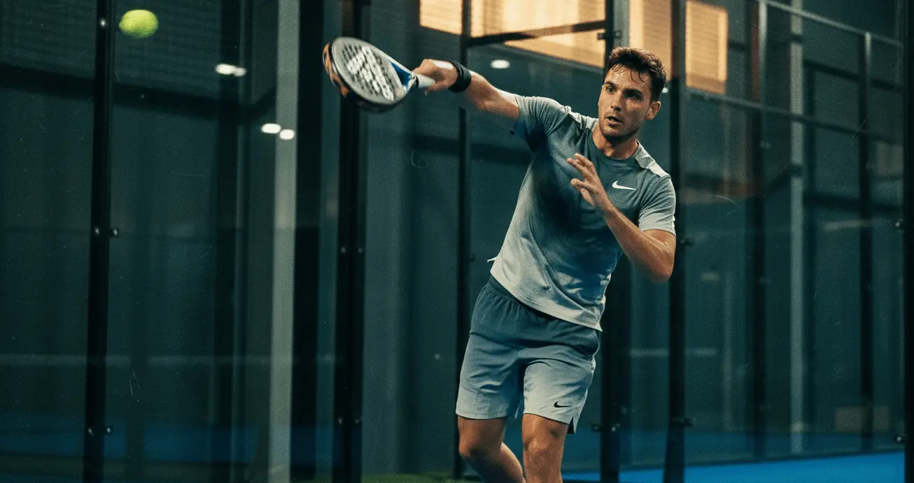 man die een smash slaat met nike kleding op een padel baan